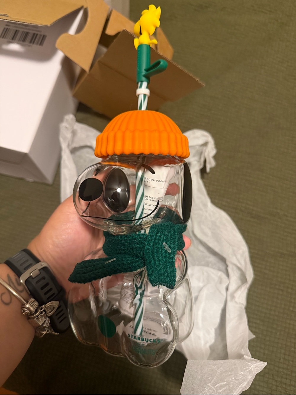 Starbucks Kids Clear Snoopy Bottle with Orange Beanie and Green Scarf
